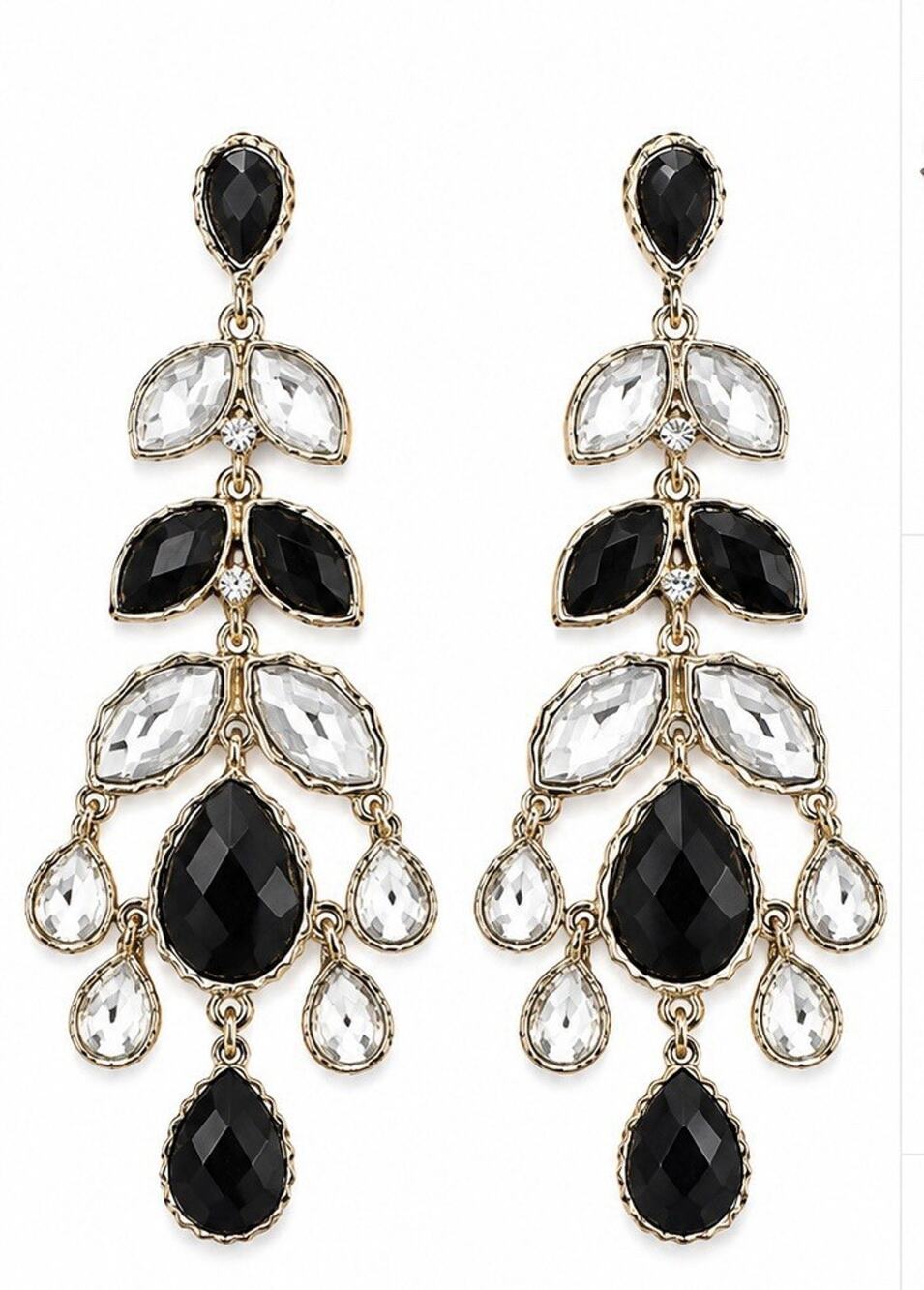 J.CREW BLACK CLEAR CRYSTAL CHANDELIER STATEMENT DROP EARRINGS GOLD TONE